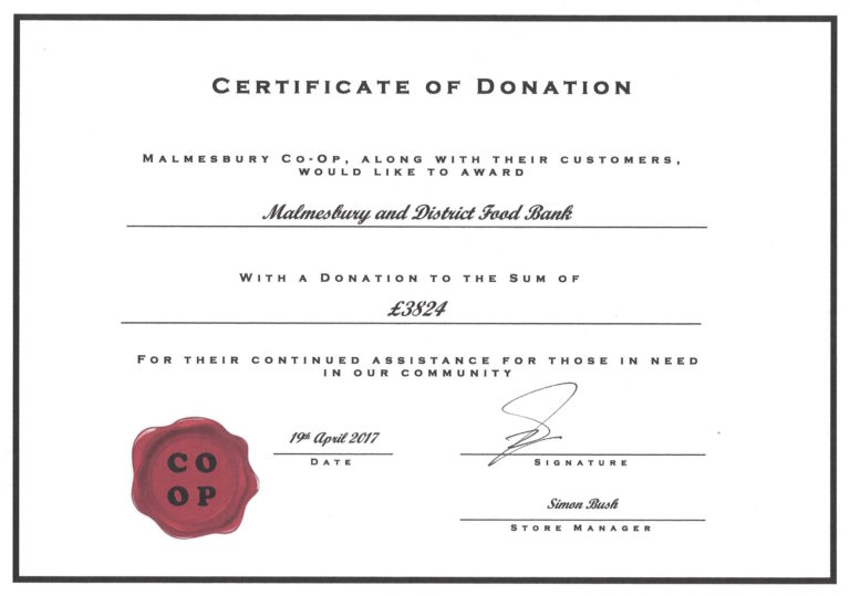 Coop Dividend for Malmesbury & District Foodbank Malmesbury